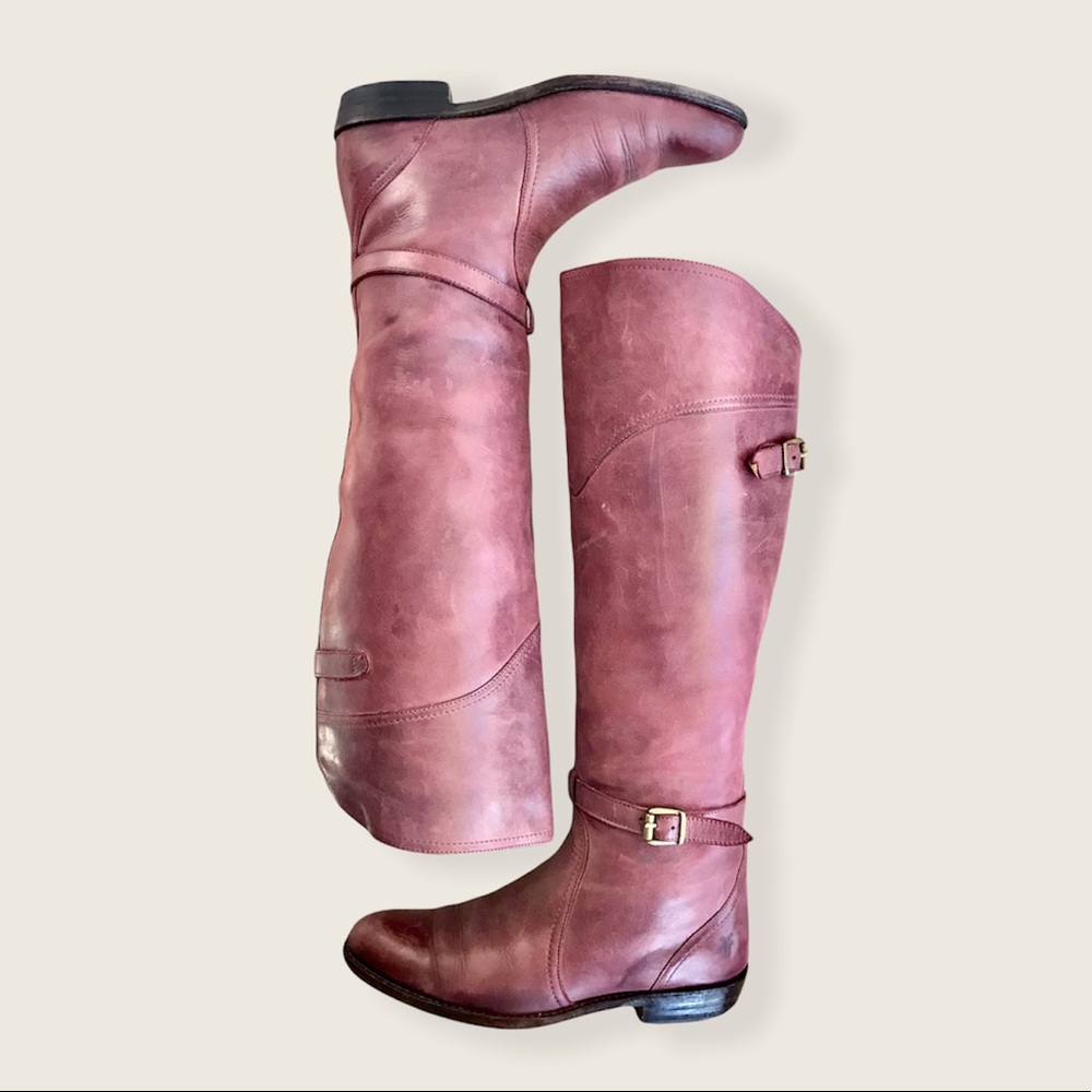 Frye Dorado Polished Genuine Leather Bordeaux/Light Red Knee High Riding Boots - Picture 15 of 16
